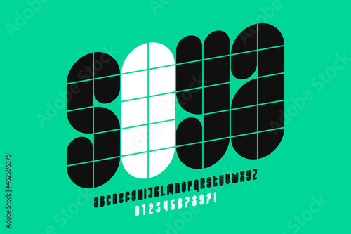 Modular style font, alphabet letters and numbers, vector illustration