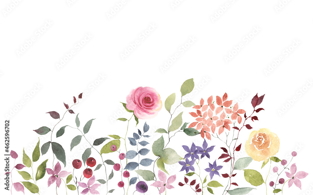 Floral horizontal border with flowers, berries and green leaves, watercolor print isolated on white background for invitation or greeting cards, border, banner or cover for your text, garden design.