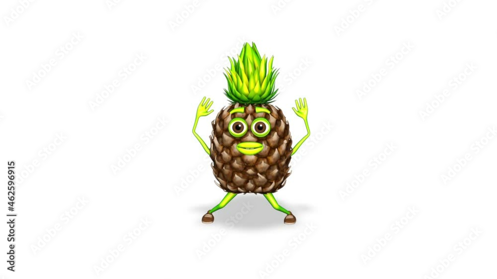 3d Caracter Pineapple Jumping Loop on White Background