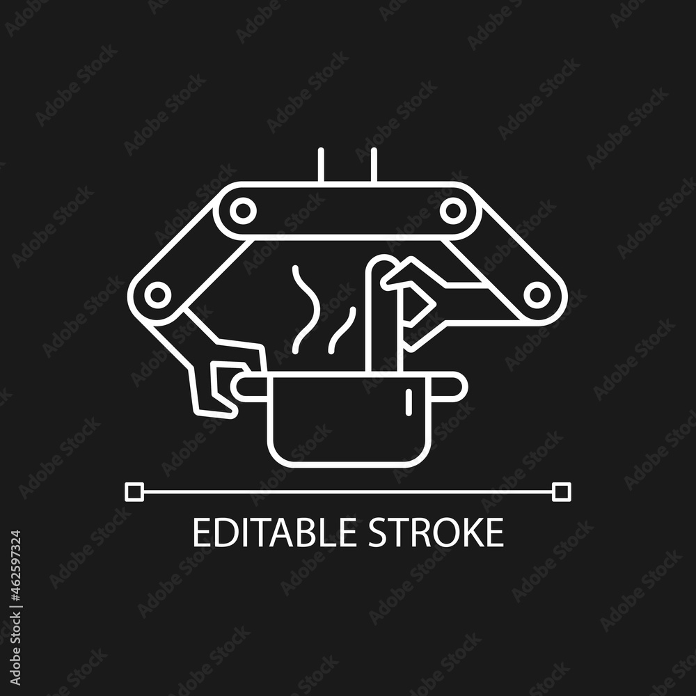 Cooking robots white linear icon for dark theme. Robotic kitchen. Automatic restaurant meals making. Thin line customizable illustration. Isolated vector contour symbol for night mode. Editable stroke Cooking robots white linear icon for dark theme. Robotic kitchen. Automatic restaurant meals making. Thin line customizable illustration. Isolated vector contour symbol for night mode. Editable stroke