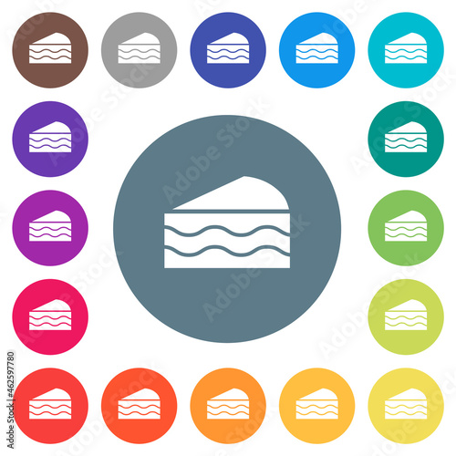 Slice of cake flat white icons on round color backgrounds