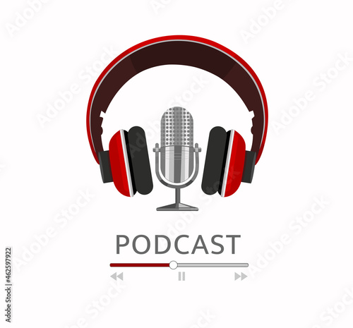 Broadcast podcast. Studio microphone on a table, headphones, soundtrack. Standup concert, music, speech