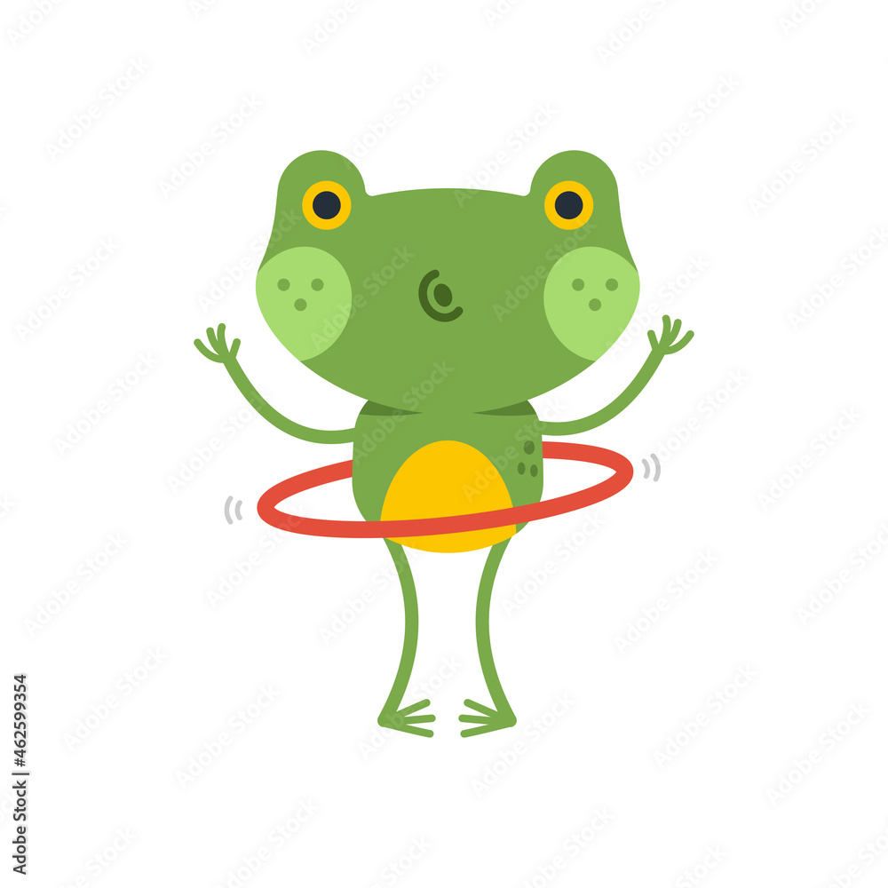 Fototapeta premium Cute frog with hula hoop doing fitness exercise vector cartoon character isolated on a white background.