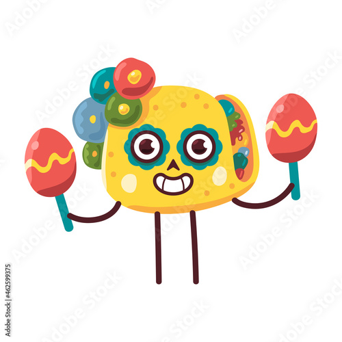 Funny taco celebrate day of the dead vector cartoon mexican food character isolated on a white background.