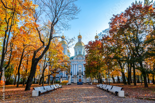 Autumn Petersburg. St. Nicholas Cathedral and Autumn Foliage in St. Petersburg, Russia