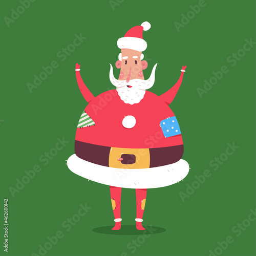 Funny fat Santa Claus character vector cartoon illustration isolated on background.