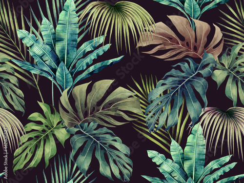 Watercolor colorful monstera,coconut,banana leaves seamless pattern background.Watercolor painting illustration tropical exotic leaf prints for wallpaper,textile Hawaii aloha jungle pattern.