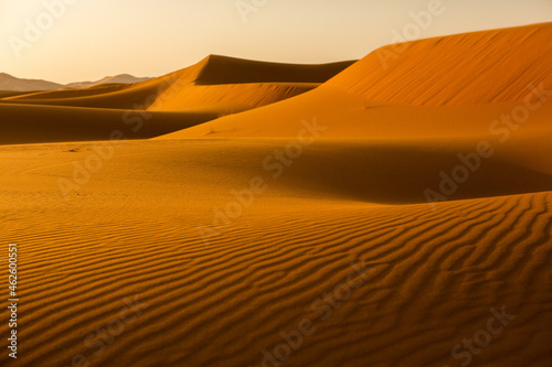 Beautiful sand dunes in the Sahara Desert in Morocco. Landscape in Africa in desert.