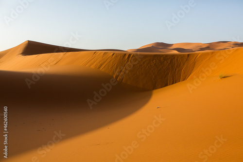 Beautiful sand dunes in the Sahara Desert in Morocco. Landscape in Africa in desert.