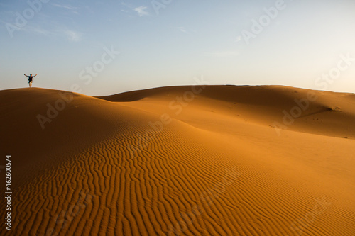 Beautiful sand dunes in the Sahara Desert in Morocco. Landscape in Africa in desert.