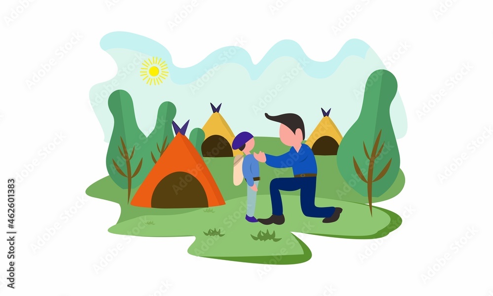 An illustration of a father taking his son to a children's camp, suitable for children's books and magazines as well as education and other business purposes.