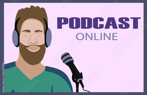 Promo banner for Podcast, Streaming, Online show, blogging, radio broadcasting. Microphone and man with headphones. Vector illustration for poster, banner, advertising.