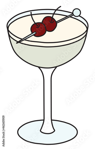 Last word classic official cocktail in a cope glass, The Unforgettables category. Gin based drink garnished with cherries. Stylish doodle cartoon style vector illustration.