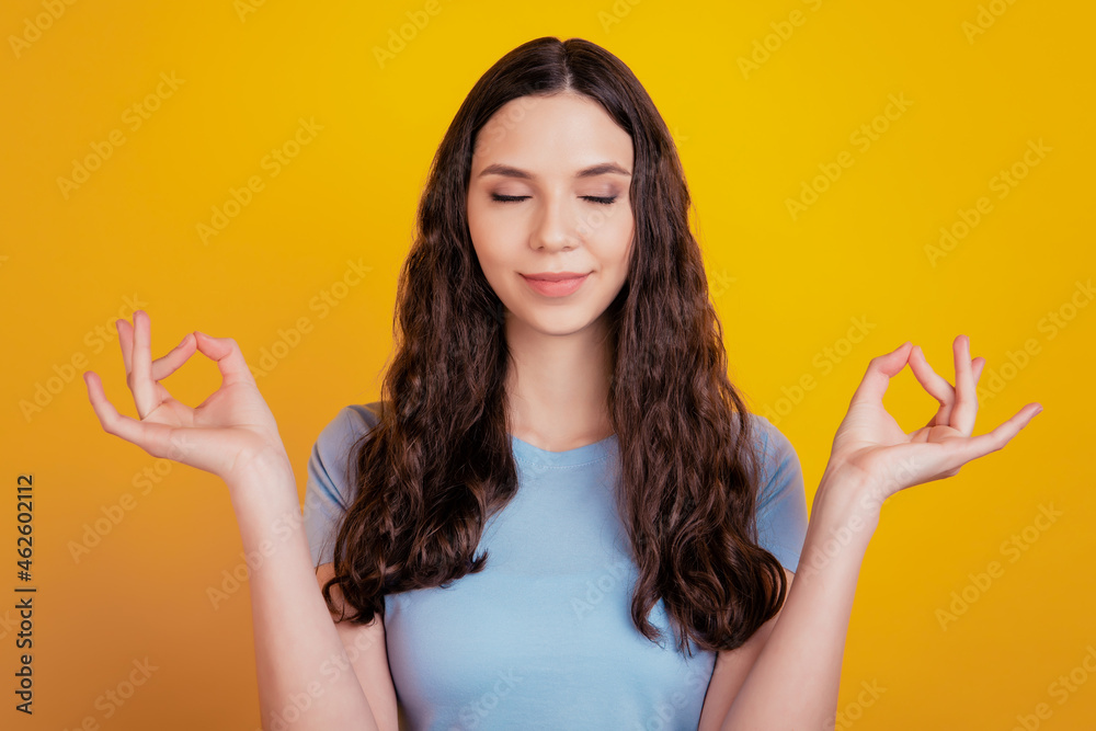 Portrait of charming youth feel content good looking meditate dream yoga balance isolated colorful background Portrait of charming youth feel content good looking meditate dream yoga balance isolated colorful background