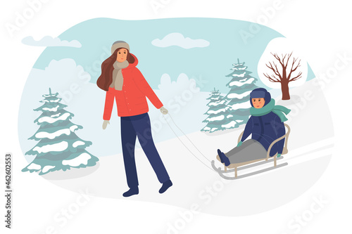 Mother sled with her child. Parent, kid having fun outdoors together. family rest. Winter leisure activity. Cute cartoon characters isolated on white background. flat vector illustration.