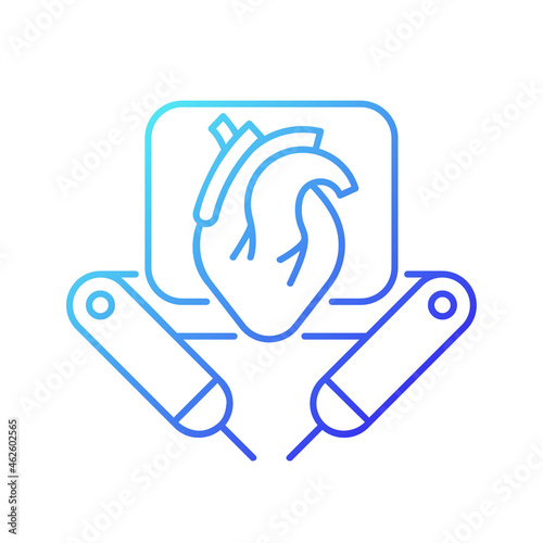 Surgical robot gradient linear vector icon. Remote manipulation by surgeon. Robotic-assisted surgical procedure. Thin line color symbol. Modern style pictogram. Vector isolated outline drawing