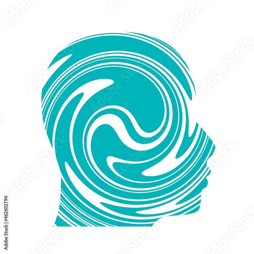 Double exposure portrait of man and spiral geometric pattern.