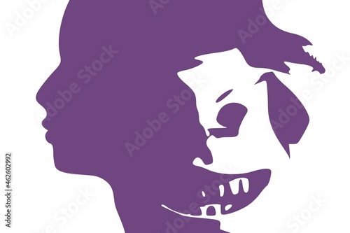 Human face side view silhouette and demonic ugly monster