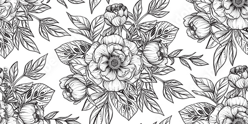 Vector floral seamless pattern. Romantic elegant endless background with hand drawn peony flowers