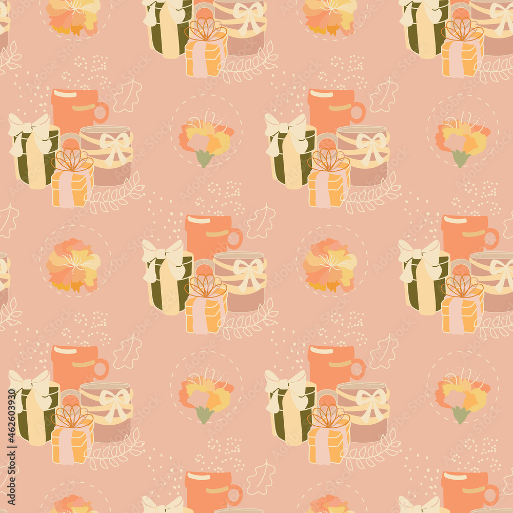 Gift boxes. Vector seamless pattern in doodle style for greeting cards, invitations, wrapping paper, wallpapers, backgrounds.