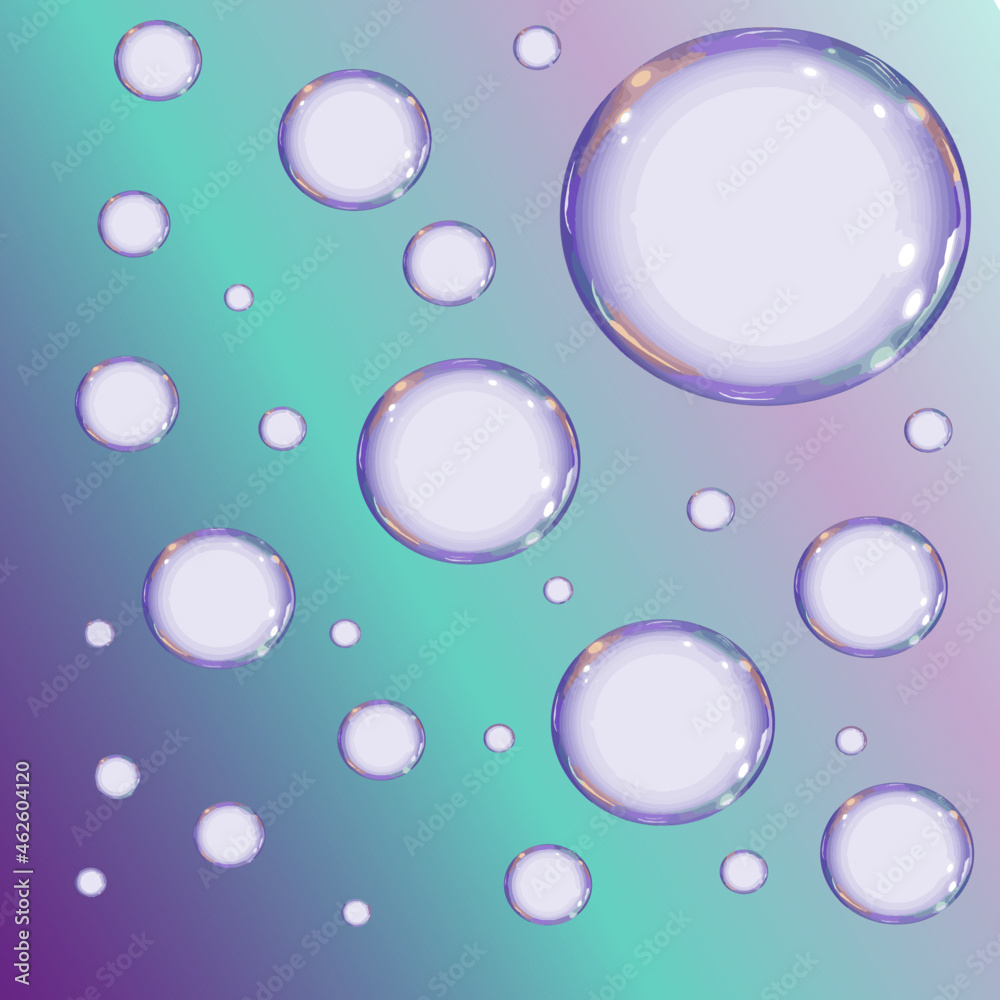 Abstract background with bubbles.Realistic 3d soap bubbles set with rainbow reflection. Vector illustration. Transparent.