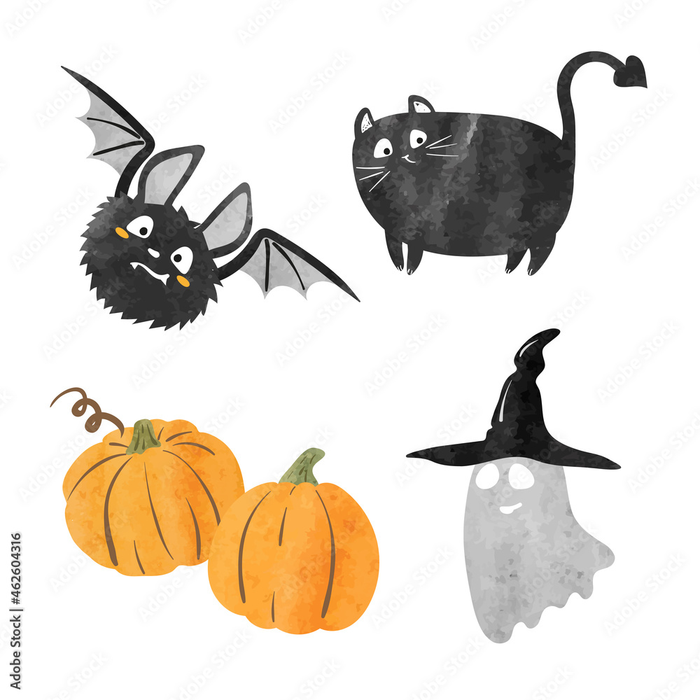 Halloween set with ghost, bat, black cat and pumpkins. Vector watercolor illustration. Halloween set with ghost, bat, black cat and pumpkins. Vector watercolor illustration.