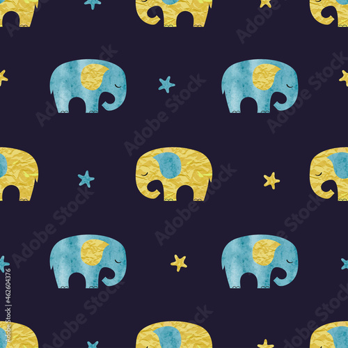 Seamless sleeping elephants pattern. Sweet dream night vector illustration for kids. Pyjamas textile design.