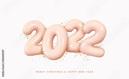 2022 Happy New Year. Number made of plastic in cartoon style. Christmas decoration. Realistic 3d render pink sign. Celebrate party 2022. Xmas Poster, banner, cover card, brochure, flyer, layout design