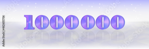 Bright light banner. 3d purple gradient numbers one million with reflection. Muddy wavy background. 1,000,000 followers or a prize