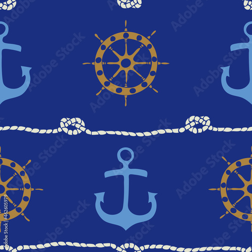 Seamless vector pattern with anchor and ship wheel on blue background. Simple nautical wallpaper design. Decorative marine life style fashion textile.