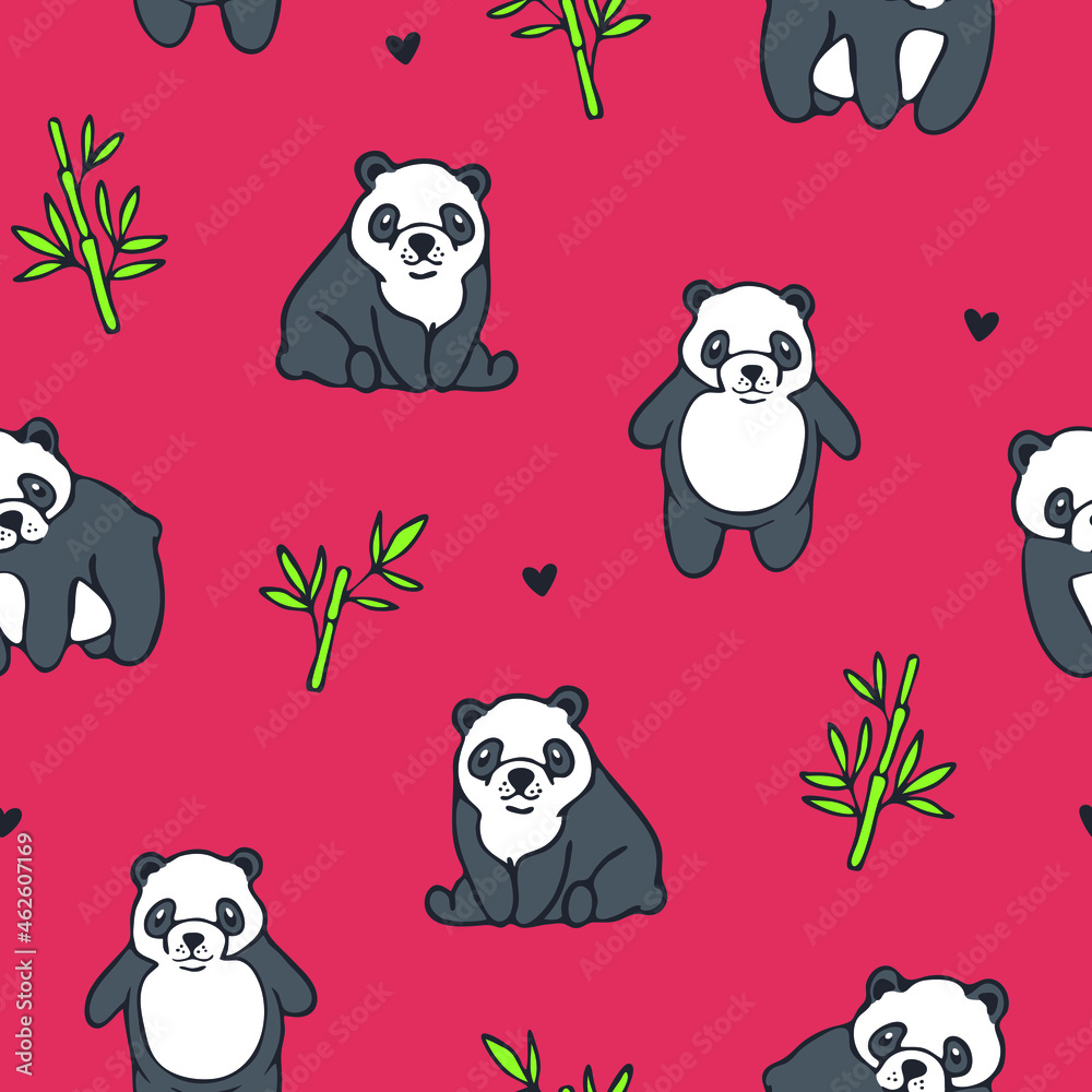 Seamless vector pattern with cute pandas on red background. Simple hand drawn animal wallpaper design. Decorative wildlife fashion textile.