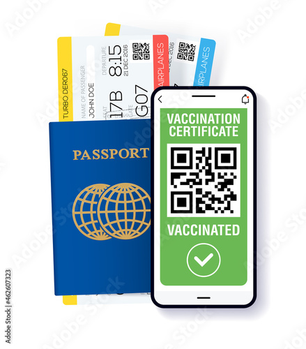 Covid-19 immune passport app. International Digital vaccine certificate for free movement and travel. Smartphone with Qr code test result, passport and boarding tickets.
