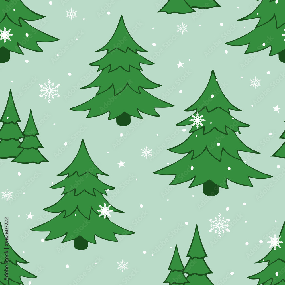 Obraz premium Seamless vector pattern with winter forest on grey background. Simple spruce tree wallpaper design. Decorative seasonal fashion textile.