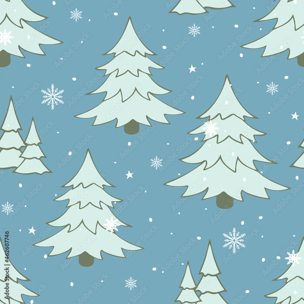 Seamless vector pattern with simple winter forest on blue background. Christmas festive wallpaper design. Decorative snow season fashion textile.