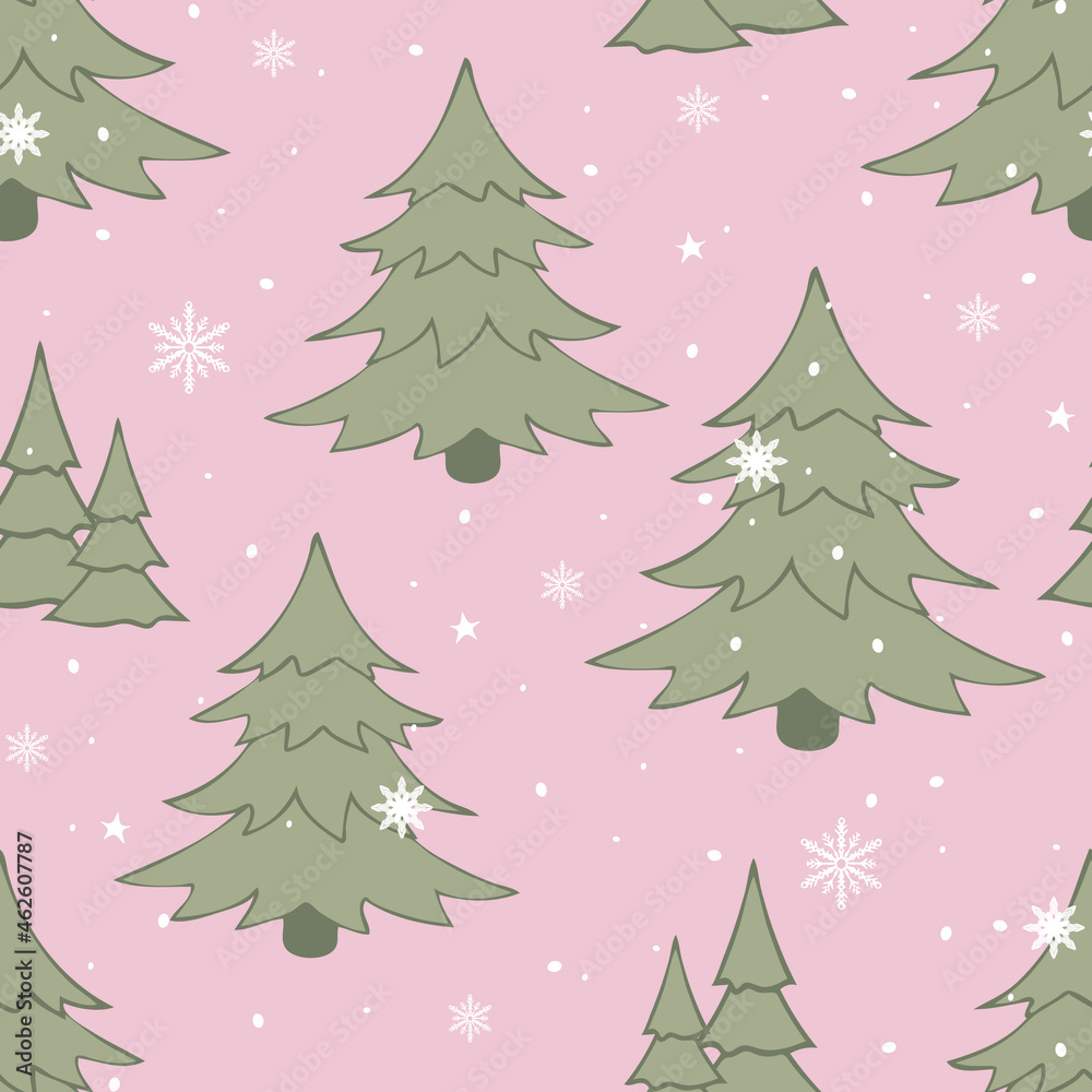 Seamless vector pattern with Christmas tree forest  on pink background. Festive landscape wallpaper design. Decorative winter fashion textile.