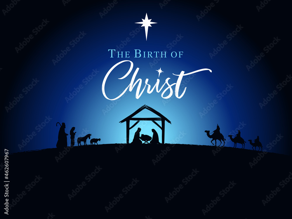 Fototapeta premium The Birth of Christ with shepherds and wise man. Nativity scene, silhouette Jesus in manger on night sky background. Christmas story Mary Joseph and baby Jesus, vector illustration