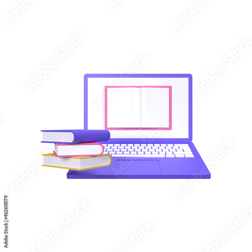 3D Rendering E-Learning Concept With a Textbook on a Laptop Screen.