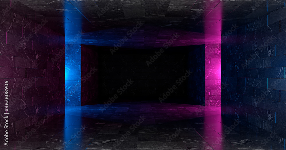 3d render. Geometric figure in neon light against a dark tunnel. Laser glow.