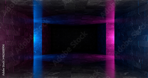 3d render. Geometric figure in neon light against a dark tunnel. Laser glow.