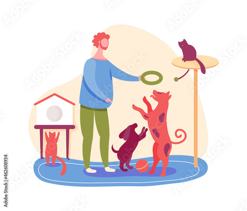Boy with pets in dog kennel, cat and rabbit. Vector adoption friend dog or rabbit, man at doggy kennel choose home pet illustration