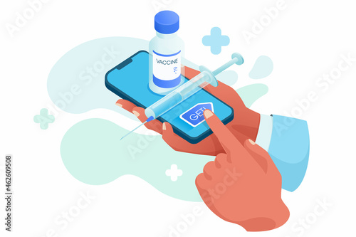 Hands holding smartphone with Vaccine bottle and syringe on screen.