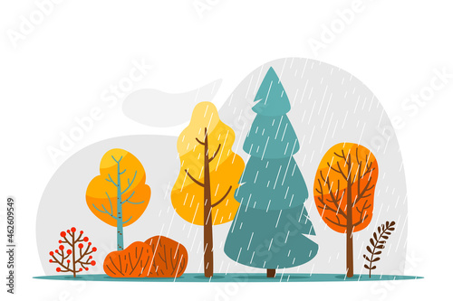 Autumn rainy landscape with rain texture, cloud, tree, bush and branch vector illustration. Abstract autumnal scene isolated on white background in simple cartoon flat style