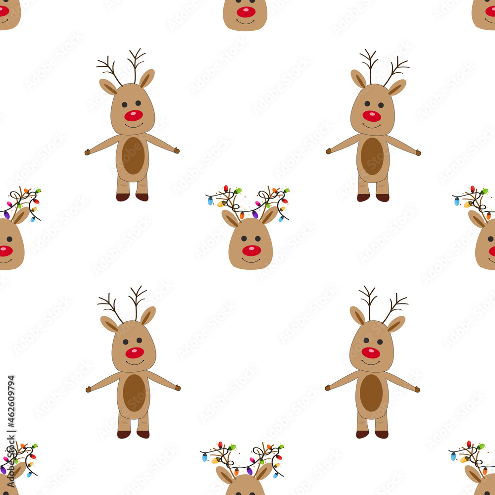 Deer with Christmas light bulbs. Seamless fabric design pattern