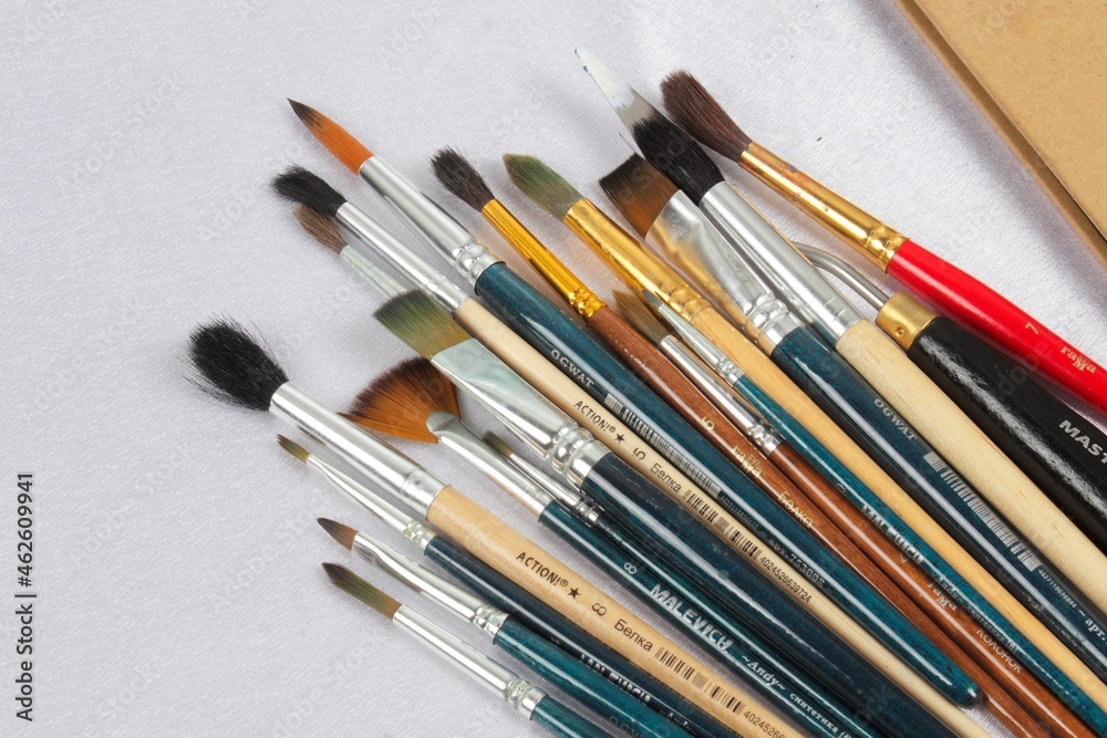 Photos of paint brushes, artist's tools on a white background