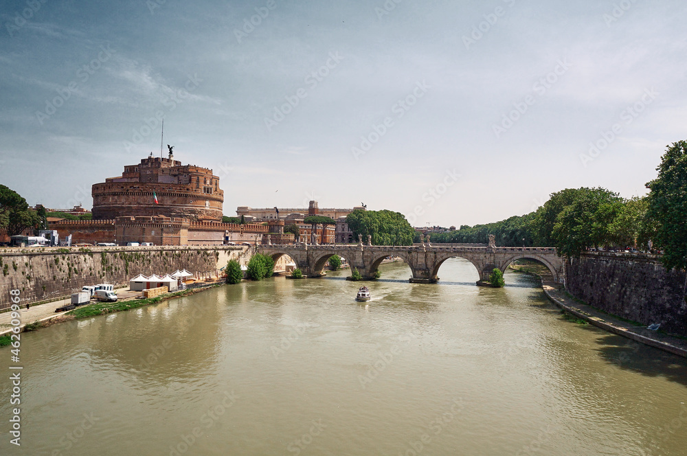 The Mausoleum of Hadrian, usually known as Castel Sant'Angelo in Rome. View of the Tiber River and St. Angel's Bridge