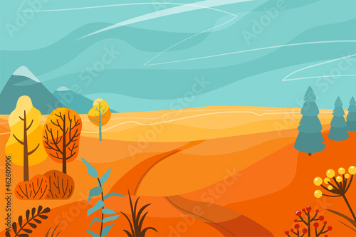 Autumn landscape vector illustration background. Fall panorama nature with abstract minimal trees  mountains  trail  field in flat cartoon simple style. Autumnal sale  post template