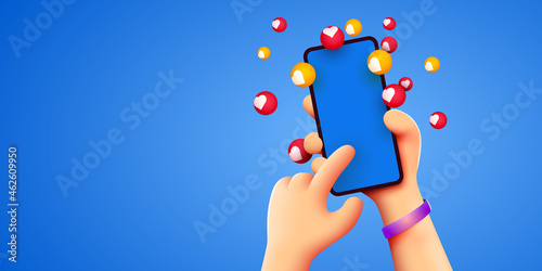 Cute cartoon hand holding mobile smartphone with Likes notification icons on blue background. Social media and marketing concept.