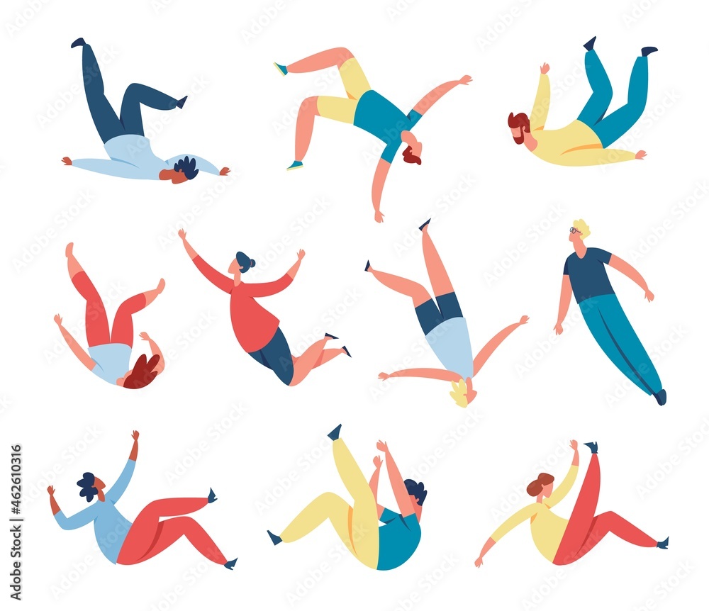 People floating, soaring in air or sky, person flying in space. Men and women characters sleep and fly in dreams or imagination vector set. Creative free flight, active leisure time People floating, soaring in air or sky, person flying in space. Men and women characters sleep and fly in dreams or imagination vector set. Creative free flight, active leisure time