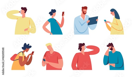 People with gadgets, young characters use mobile phones or tablets. Men and women talking on smartphone, texting, using social media vector set. Students chatting and using networks