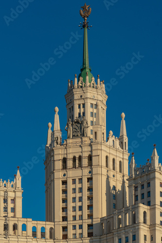 View of the Soviet skyscraper on Kotelnicheskaya embankment in the Stalin Empire style, vertical Moscow photo